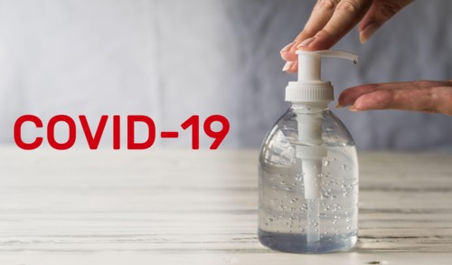 Hand sanitizer for prevention of coronavirus covid-19 pandemic with letters.