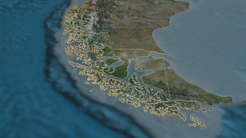 Zoom in on Magallanes y Antártica Chilena (region of Chile) outlined. Oblique perspective. Satellite imagery. 3D rendering