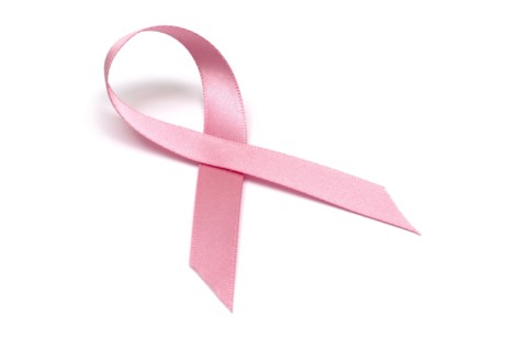 Pink ribbon signifying breast cancer symbol on white background