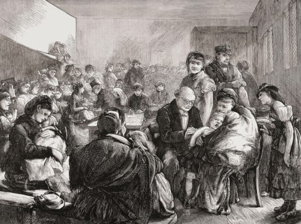 The District Vaccinator, after an 1871 woodcut by E. Buckman .  A doctor inoculates a crying child being held by its mother in a dispensary in London’s East End.  In the United Kingdom the Vaccination...