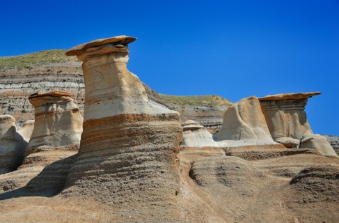 Hoodoos at the Badlands in Drumheller, Alberta, Canada, North America. Horizontal format
