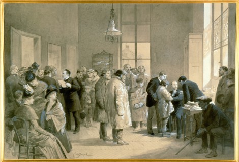 Patients bitten by rabid dogs being inoculated against hydrophobia at the laboratory of the Ecole Normale, Paris, 1886, Louis Pasteur is on right of group on left holding sheets of paper. Painting by ...