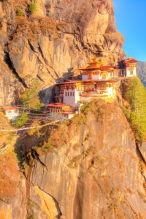 The Tigers Nest Monastery Bhutan, Himalaya Mountains, Paro Valley. Taktshang Goemba. Perched 3,000 feet above valley below