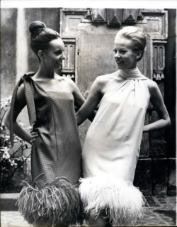 Aug. 08, 1965 - Fashions from the Cardin Collection. Photo shows among the latest fashions from Paris are these two typical dresses from Pierre Cardin's Autumn and Winter Collection. Both are trimmed ...