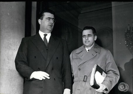 Feb. 24, 2012 - Cabinet Meeting: Important problems discussed. M. Felix Gaillard, Prime Minsiter (right) and M. Chaban-Delmas, Defence Minister, leaving the Elysee after the cabinet meeting today. Jan...
