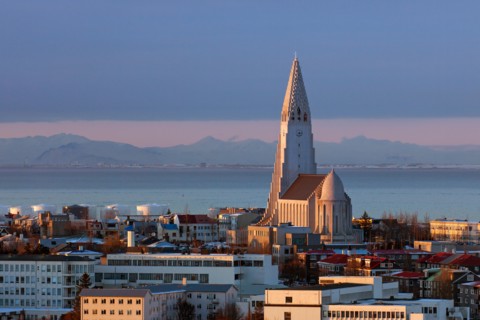 View over the  Lutheran Hallgrímskirkja / church of Hallgrímur in Reykjavík, capital city of Iceland in winter