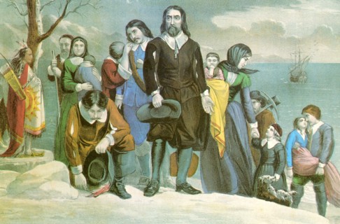 Caption reads: "The landing of the pilgrims at Plymouth, Massachusetts on December 22, 1620."The 'Mayflower' left Delft Haven in Holland, September 6, 1620 and after a boisterous passage of sixty thre...