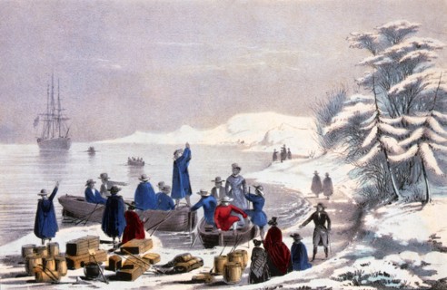 Lithograph entitled: The landing of the Pilgrims on Plymouth Rock, December 11th, 1620. Plymouth Rock is the traditional site of disembarkation of William Bradford and the Mayflower Pilgrims who found...