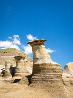 Hoodoos, striking geological formations, in the badlands just outside of Drumheller, Alberta, Canada.