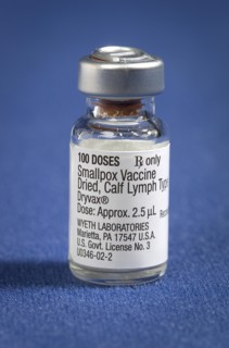 A vial of Dryvax{R} dried calf lymph type smallpox vaccine, which is reconstituted with a diluent prior to vaccination, 2002. Vaccinia (smallpox) vaccine, derived from calf lymph, and currently licens...