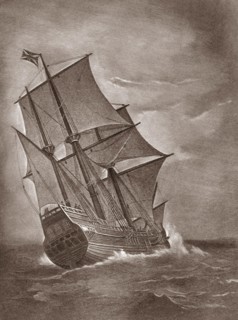 The Mayflower at Sea. Plymouth.  1620