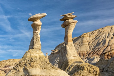 The so-called conversing hoodoos look like stone muppets in the BIsit/De-Na-Zin WIlderness in New Mexico.