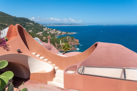 Architectural detail of the Palais Bulles in front of Mediterranean panorama, Théoule-sur-Mer, Var, Provence-Alpes-Cote d`Azur, France, Europe