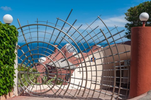 Entrance gate to the Palais Bulles, ThÃ©oule-sur-Mer, Var, Provence-Alpes-Cote d`Azur, France, Europe