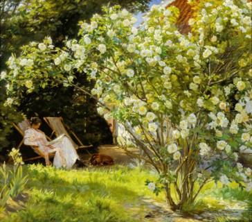 Peder Severin Krøyer, Roses, Marie Krøyer seated in the deckchair in the garden by Mrs Bendsen's house, painting, 1893