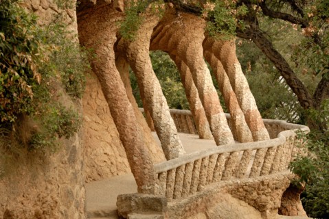 Columns designed by Antoni Gaudi. Park Guell in Barcelona Spain