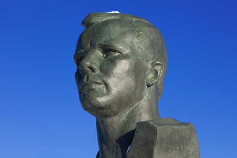 Bust of the world's first human in space Soviet cosmonaut Yuri Gagarin (1934-1968) at Cosmonauts Alley in Moscow, Russia