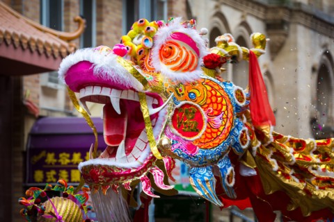 Traditional Chinese Dragon parades at the Lunar New Year Festival in Chinatown.