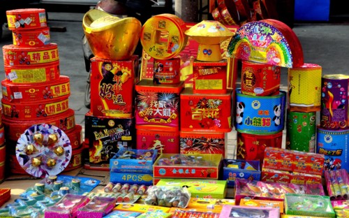 Jun Le, China:  Display of fireworks sold at a vendor booth for Chinese New Year