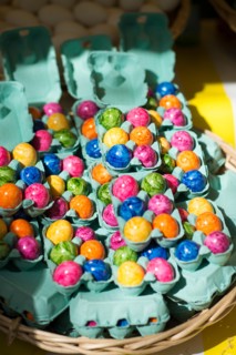 Colorful marble Easter eggs for sale at outdoor market, Paris, France