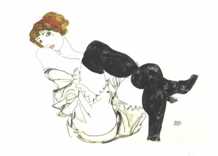 A portrait by Egon Schiele of Valerie Neuzil, depicting a woman wearing black stockings. This work, typical of Schiele's expressionist style, captures a raw, emotional portrayal of the human form with...