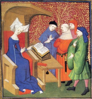 Christine de Pizan lecturing to a group of men. Christine de Pizan (1364-c.1430) was an Italian-born French medieval writer of many works, including poems of courtly love, a biography of Charles V of ...