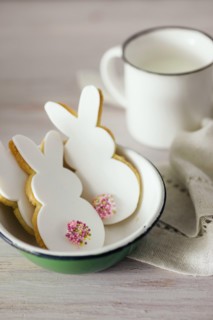 Rabbit shaped Easter cookies, hand-made. Decorated with fondant icing.