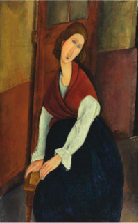A 20th-century portrait by Amedeo Modigliani of Jeanne Hébuterne, showing the artist's distinctive linear style and use of color in early modern European painting.