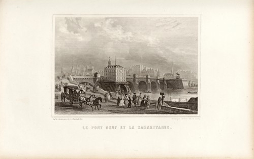 The Pont Neuf and the Samaritaine, Pont Neuf with Pump Tower la Samaritaine in Paris, after p. 350, p. 417, Rouargue Frères (del. & sculp.), Dulaure: Histoire de Paris et de ses monuments. Nouvelle éd...