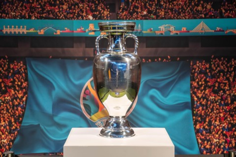 Original UEFA European Championship Trophy with stadium background