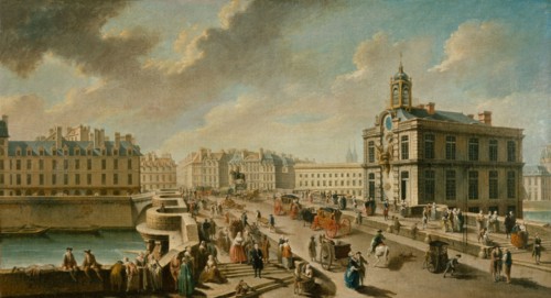 BRIDGE NINE AND PUMP THE SAMARITAN Nicolas-Jean-Baptiste Raguenet (1715-1793). "Le Pont-Neuf et la pompe de la Samaritaine, vus du quai de la Mégisserie, 1777". Huile sur toile. Paris, musée Carnavale...