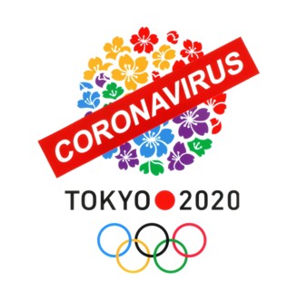 Kiev, Ukraine - March 20, 2020: Tokyo logo as Candidate City for Summer Olympic Games 2020 printed on paper and crossed out by paper sign Coronavirus.