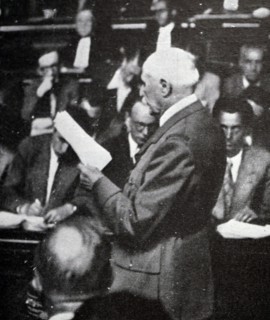 Black and white photograph of French Marshal Philippe Petain (1856-1951) during his trial for treason, pictured on 25 September 1945.