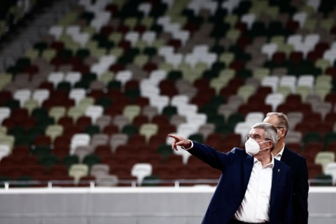 Tokyo, Japan. 17th Nov, 2020. International Olympic Committee (IOC) president Thomas Bach wearing a face mask visits the National Stadium, main venue for the 2020 Olympic and Paralympic Games postpone...