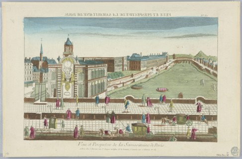 Peep-show, Veue et Perspective de la Samaritaine de Paris, No. 62, Engraving in ink with washes of watercolor on paper, mounted on scrapbook page, Peep-show print, France, ca. 1750, Print