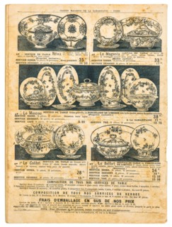 Vintage victorian dishes and collectibles. Retro shop advertising, page of very popular shopping catalog Samaritaine, Paris, France, circa 1897