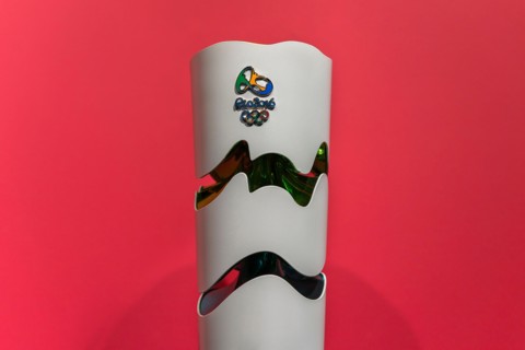 tokyo, japan - march 2 2021: Close up on the official torch used during the torch relay of the 2016 Summer Olympics of Rio exhibited in the Japan Olym