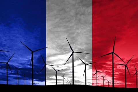 France flag wind farm at sunset, sustainable development, renewable energy Wind Turbines