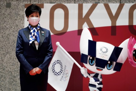 Tokyo, JPN. 14th Apr, 2021. Tokyo Gov. Yuriko Koike, stands next to the statues of Miraitowa, official mascot for the Tokyo 2020 Olympics to mark 100 days before the start of the Olympic Games Tokyo 2...