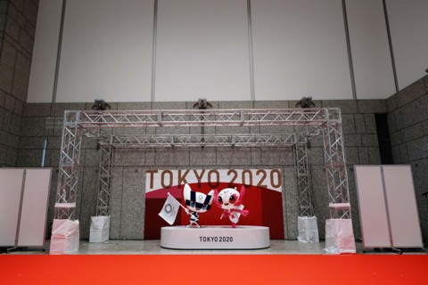 Tokyo, JPN. 14th Apr, 2021. The unveiled statues of Miraitowa, center, and Someity, officials mascots for the Tokyo 2020 Olympics and Paralympics, are seen to mark 100 days before the start of the Oly...