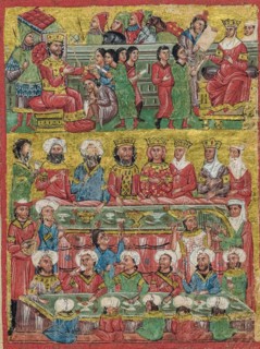 A cropped fourteenth-century miniature Greek manuscript depicting scenes from the life of Alexander the Great, this scene shows Byzantine Greek musicians and various musical instruments. The scene dep...
