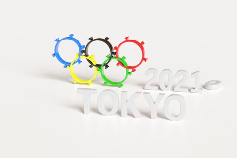 Olympic rings shaped like a coronavirus isolated on white background. Tokyo 2020. 3d Illustration.