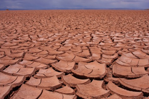 A huge expanse of cracked, dry, mud and soil on Bolivia's Altiplano.
