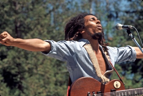 BOB MARLEY (1945-1981) Jamaican reggae musician at the Santa Barbara Bowl in 1976. Photo Jeffrey Mayer