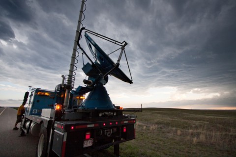 A Doppler on Wheels truck scans a supercellular thunderstorm in rural Wyoming, May 21, 2010.