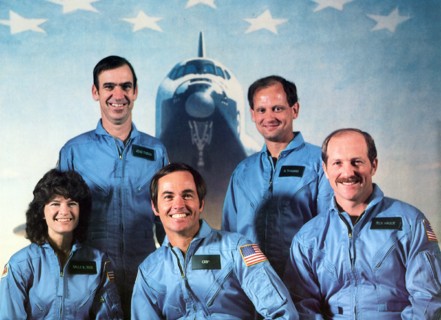 Dr. Sally Ride, left, poses with her STS-7 crewmates Dr. Sally Ride, Commander Bob Crippen, Pilot Frederick Hauck (FRONT L-R) and John Fabian, Norm Thagard (BACK L-R) in Houston, USA, 21 June 1983. In...