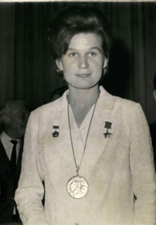 May 13, 1965 - Valentina Terechkova, the first woman astronaut, received the Prix Galabert for her 3-day space flight in 1964. Pictured wearing her medal.