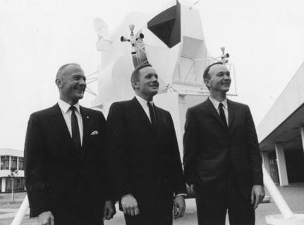 These three astronauts have been selected by NASA as the prime crew of the Apollo 11 lunar landing mission. L-r, are Edwin Aldrin, Jr., lunar module pilot; Neil A. Armstrong, commander; and Michael Co...