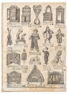 Vintage toys collection. Antique googs shop advertising, page of original shopping catalog La Samaritaine, Paris, France, circa 1897