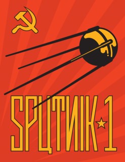 Retro Sputnik Satellite Vector Design.
Vintage style Russian Sputnik 1 propaganda style poster design with cyrillic alphabet style lettering.